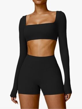 Black Long-Sleeve Square-Neck Crop Top with High-Waist Bike Shorts